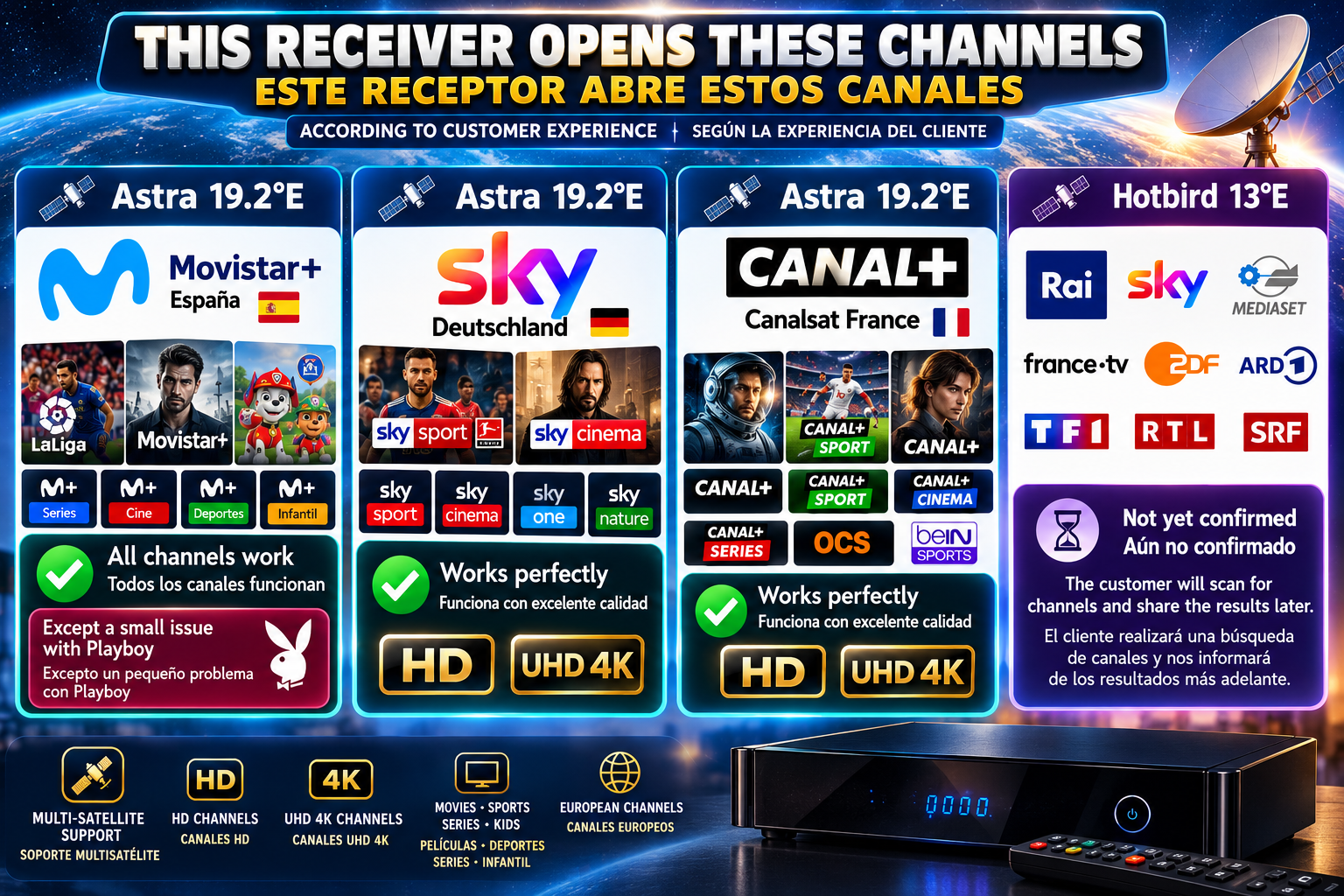 Infografía orientativa sobre experiencias de recepción de canales en Astra 19.2 grados este y Hotbird 13 grados este