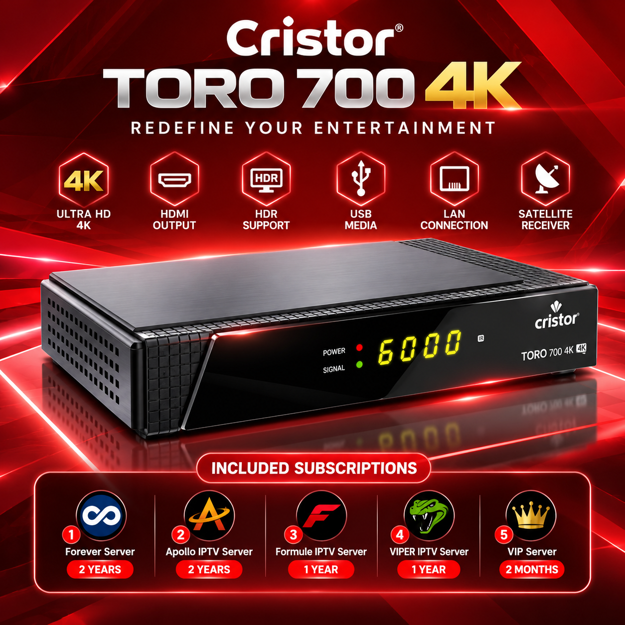 Cristor TORO 700 4K: imagen promocional roja del receptor